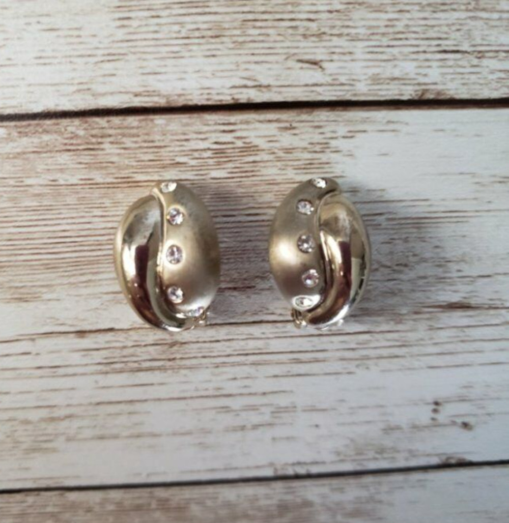 Vintage Clip On Earrings - Gold Tone with Inlayed Clear Gems 7/8"
